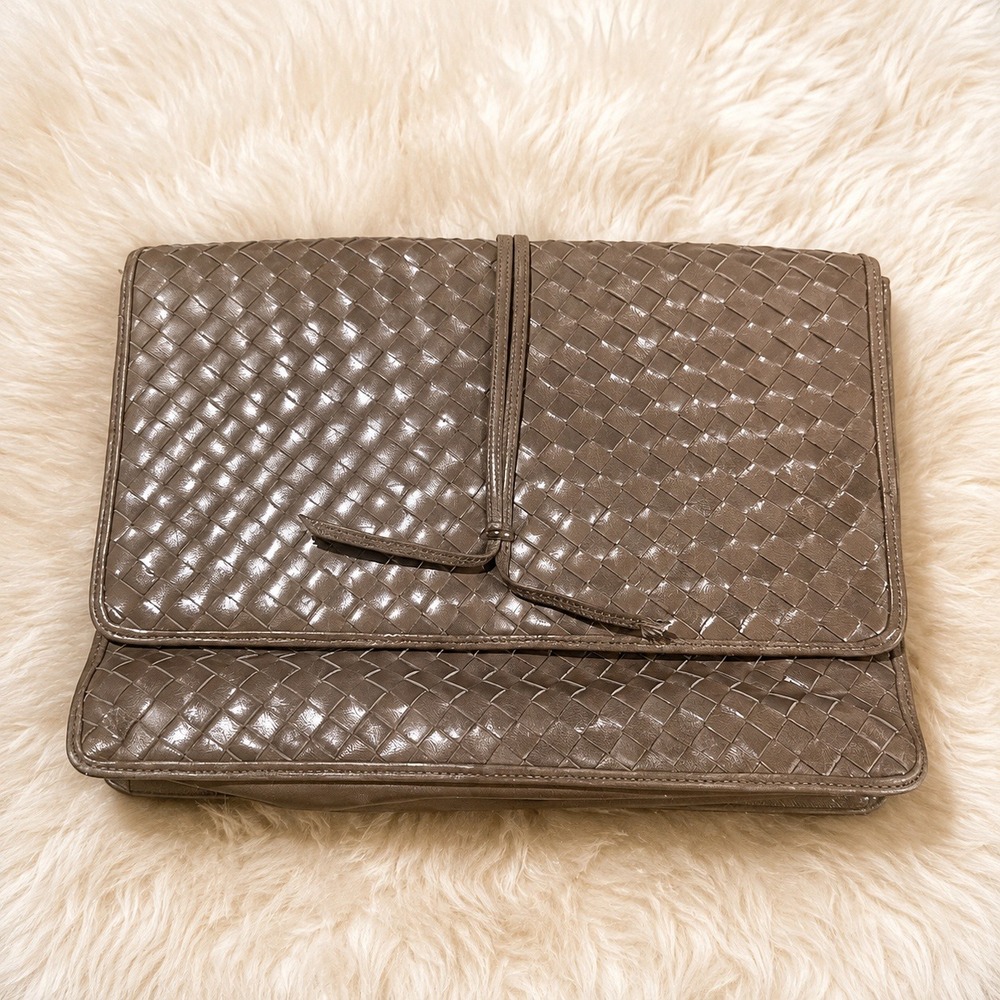 Woven Leather Portfolio Clutch Taupe Twist Lock Vintage Handbag Morris Moskowitz